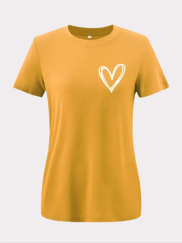 Women's Heart Print Round Neck Basic Tee, Casual Short Sleeve Crew Neck T-shirt for Summer, Fashion Women's Top for Daily Wear 1