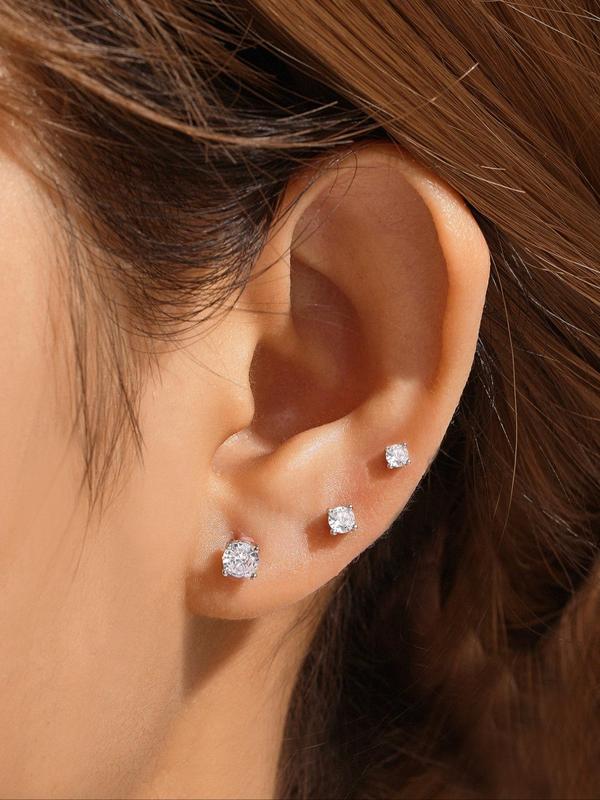 925 Sterling Silver Rhinestone Decorated Stud Earrings, 3 Counts Fashion Temperament Earrings for Women & Men, Trendy All-match & Exquisite Jewelry for Birthday Gift 8