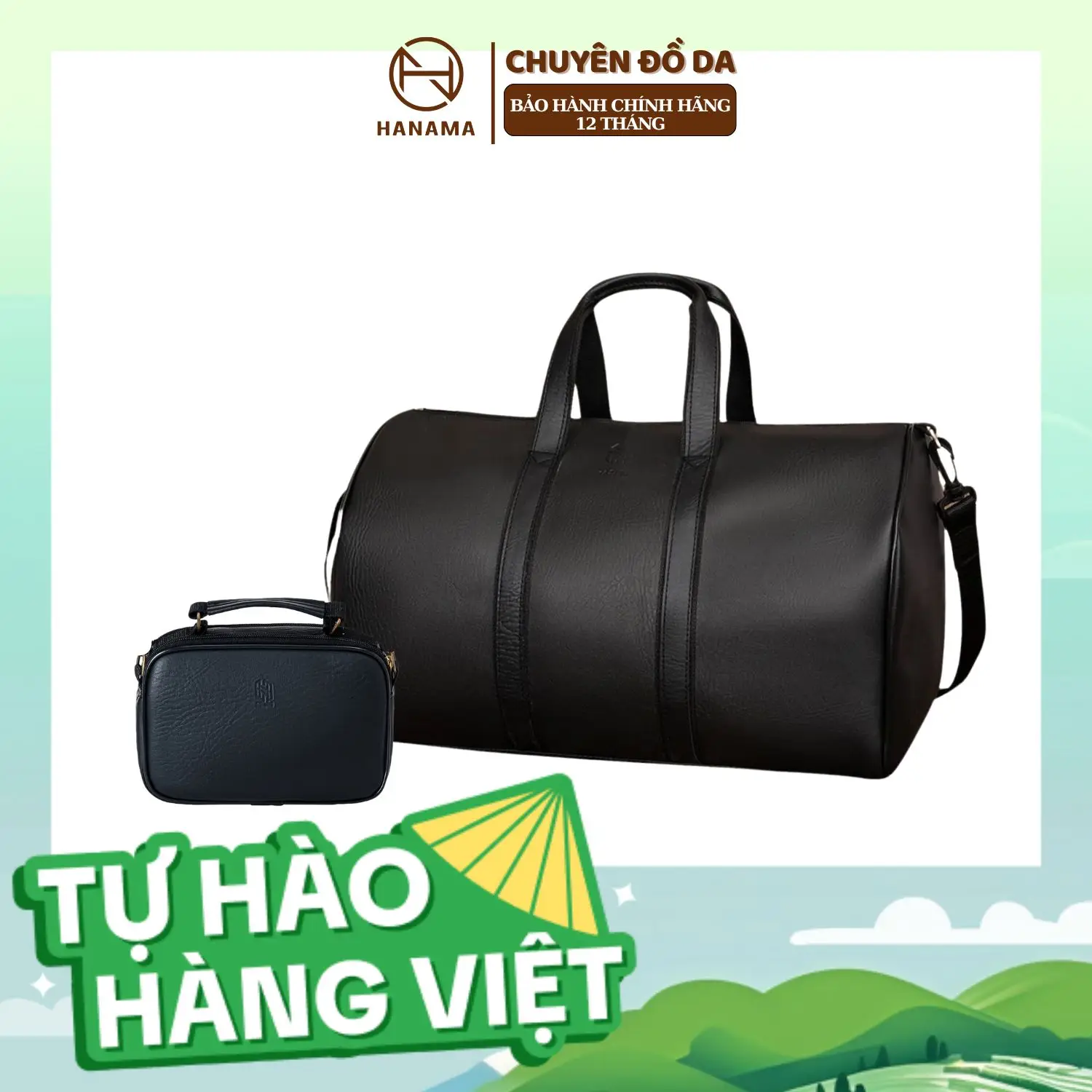 Bộ Đôi Sản Phẩm Hanama Túi Du Lịch Kèm Túi Đeo Chéo Cao Cấp Mic6Zin1 - So4 Bag Nam Đen Chất Da Chống Nước Khóa Kem Mạ Đồng Backpack