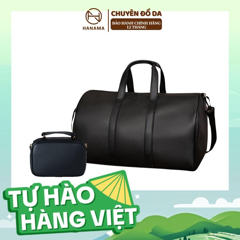 Bộ đôi sản phẩm Hanama túi du lịch kèm túi đeo chéo cao cấp Mic6zin1-so4 Bag Nam Đen chất da chống nước khóa Kem mạ đồng Backpack