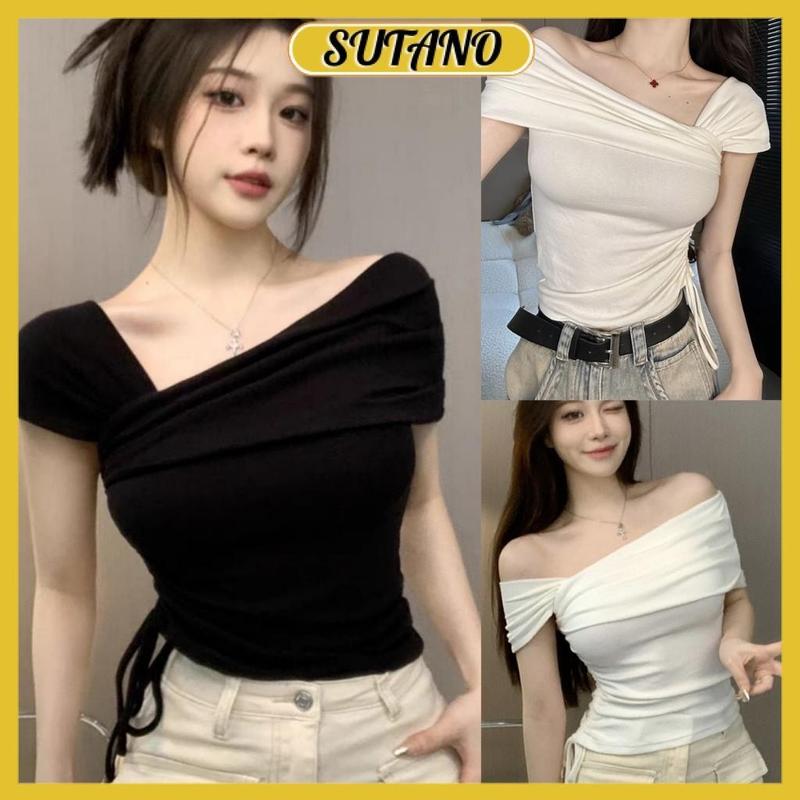 Áo thun nữ trễ vai vạt lệch phối dây rút eo dáng ôm tiểu thư áo kiểu nữ lệch vai chất thun tăm co giãn A590 SUTANO