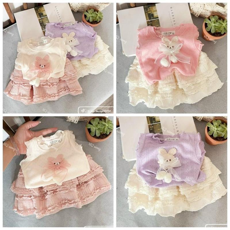 Set Áo Gắn Thỏ Bông +Váy Xinh Xắn Dành Cho Bé Gái 8-18kg (1-4 tuổi)