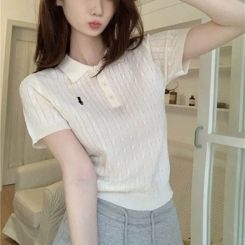 Áo Dệt Kim Thêu, ngắn Tay Áo, Dành Cho Nữ, Cổ Polo, Dáng Ôm, Áo Phông, Hàng Mới Về Mùa Hè Top Women Màu Đen