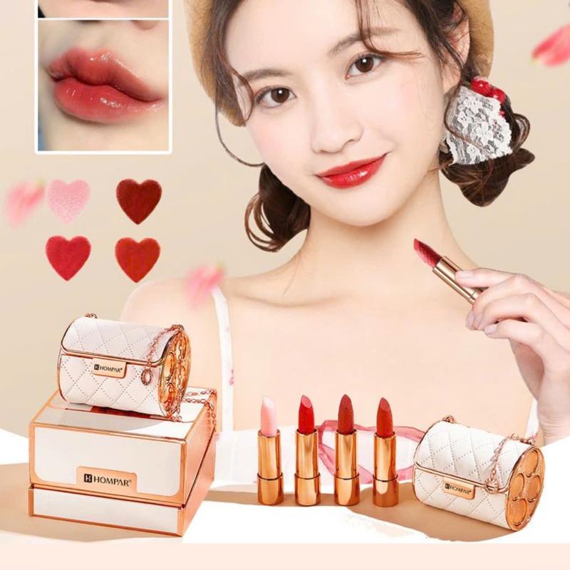 Bộ Sét Son Túi Xách HOMPAR, 3 Cây Son Và 1 Son Dưỡng, Quà Tặng Mỹ Phẩm Son Lì Không Trôi