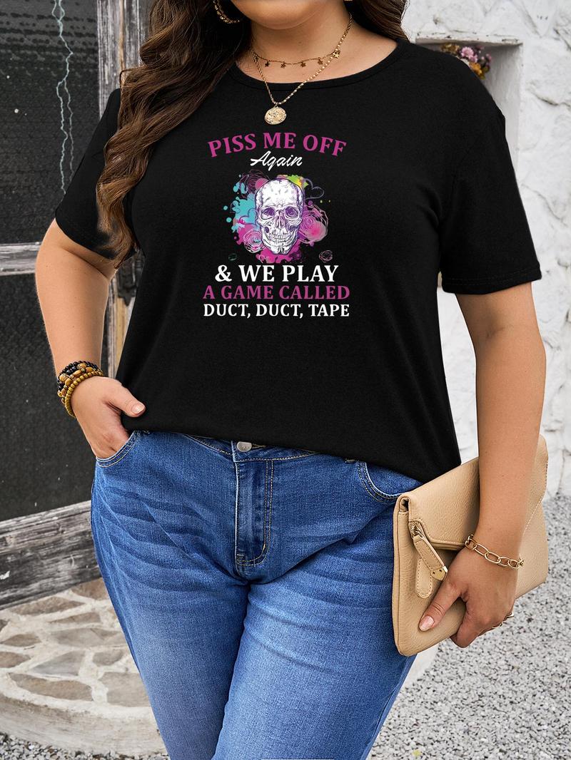 Product Introduction of 【Plus Size】 Letter & Skull Print Round Neck Tee, Fashion Casual Crew Neck Short Sleeve T-shirt for Daily Outdoor Wear, Women Plus Clothing for Summer 1