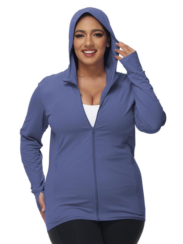 Women's Plus Size Solid Thumb Hole Design Zip Up Sports Jacket, Casual Long Sleeve Outerwear for Outdoor Workout Running, Pickleball Clothes, Tennis Outfits, Ladies Sportswear for All Seasons 4
