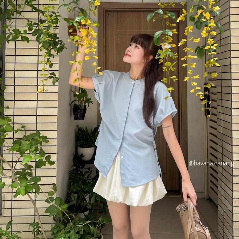 Set áo sơ mi nữ tay cánh dơi phối nhíu eo cách điệu dây rút kèm chân váy dáng bí cạp chun trendy HAVANA SAT224
