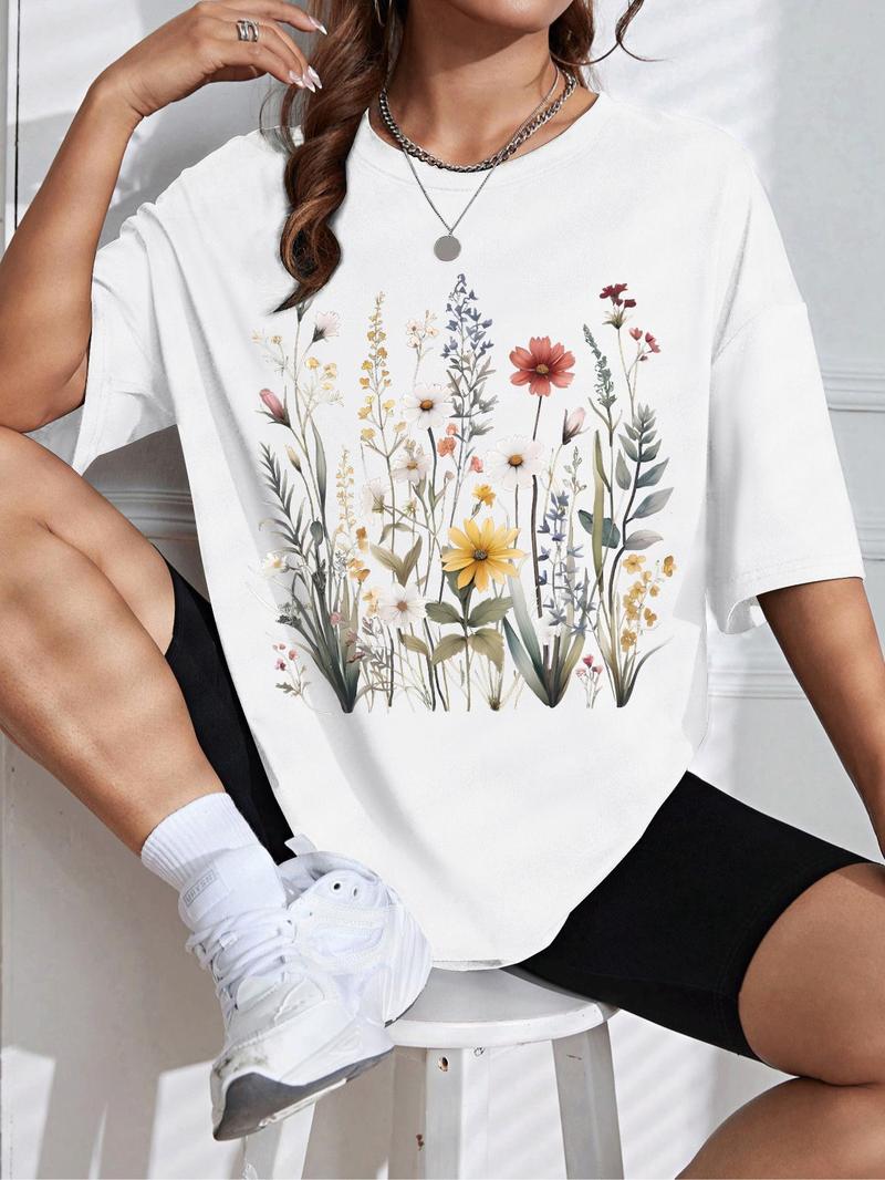 Product Introduction of Women's Floral Print Round Neck Tee, Casual Drop Shoulder Short Sleeve T-shirt, Ladies Summer Clothes, Tops for Women, Clothing 9