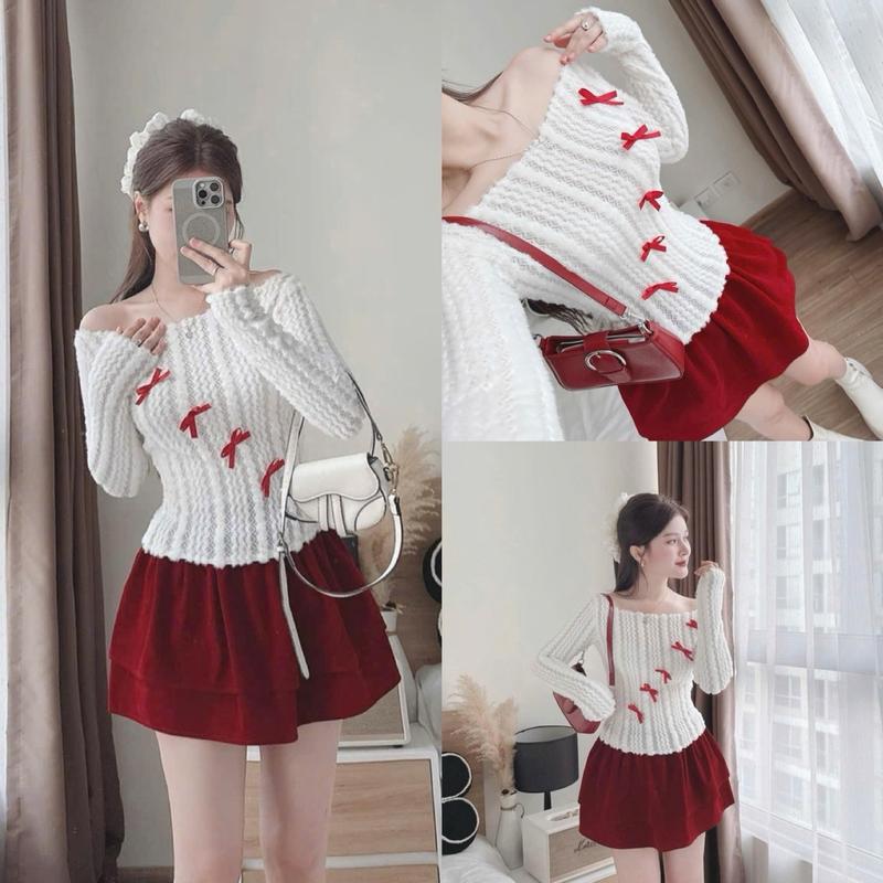 Set Áo Trễ Vai Chất Len Đính Nơ Mini Phối Chân Váy Nhung Đỏ Kèm Lót Bên Trong Nữ Women Top - Set Đồ Đi Noel - Thời Trang Nữ