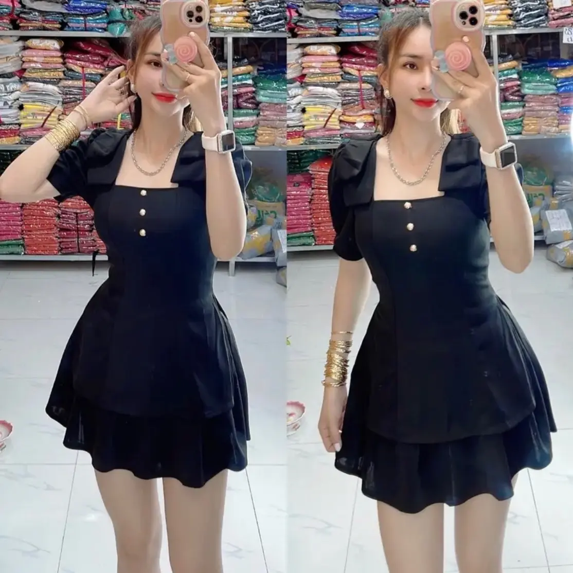 [H10]Set Bộ   đính nơ vai quần giả váy Nữ
