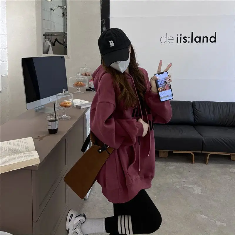 Baju Sweat, INS Terlaris, Untuk Wanita, Pakaian Musim Sejuk, Bersaiz Besar, Bertudung, Berpad Baldu, Kot Tebal, Fesyen Korea, Longgar dan Kasual, Atas
