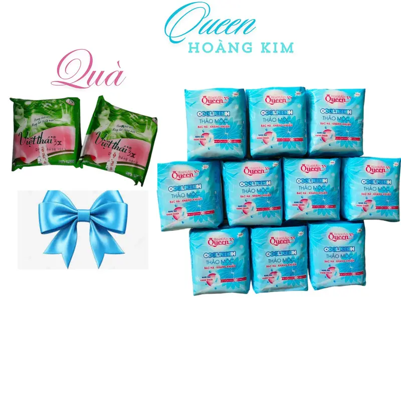 [ Bạc Hà ] ComBo 10 Gói Băng Vệ Sinh Queen Hoàng Kim Thảo Mộc The Thấm Hút Gói 8 Miếng Bề Mặt Bông Gòn Dệt Tampon bvs mát lạnh 1