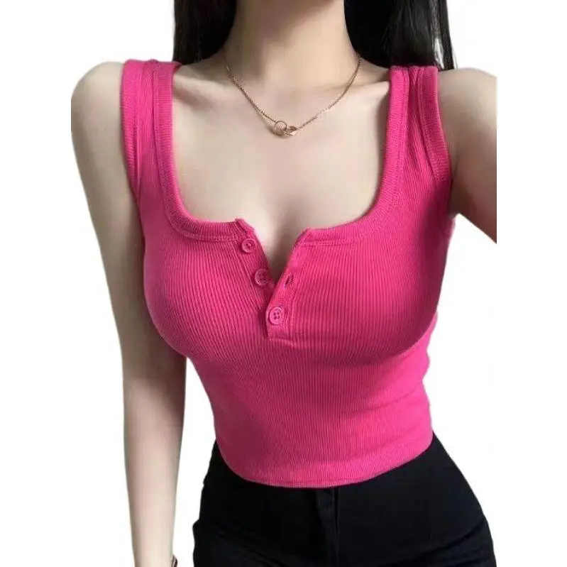 Tube Slim Skinny   Hot Girl Button Camisole Women's Outer Wear 2024 Summer New Design Sense Niche Inner Wear Base Short Top Lingerie Minimalist Basic Comfort