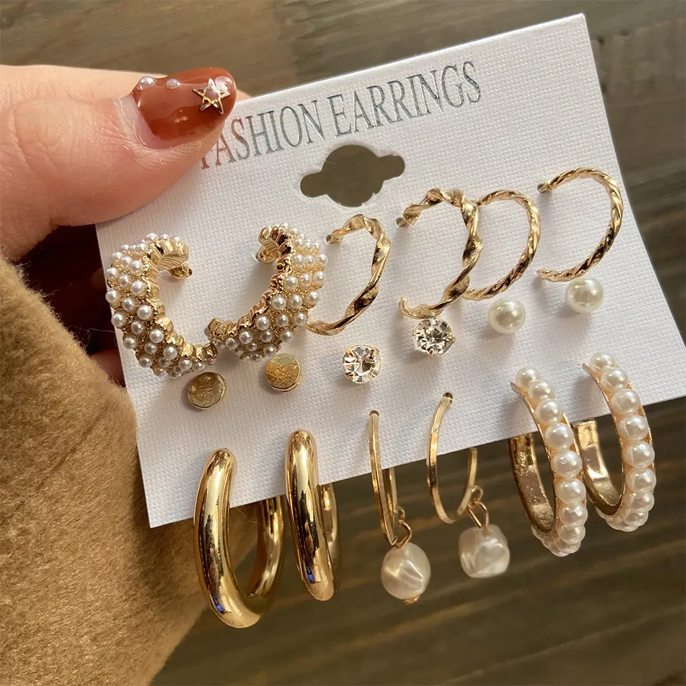 Europe and America Cross Border New Inlaid Pearl Women's Earrings Creative French Retro Gold Ear Ring Suit 6-Piece Set