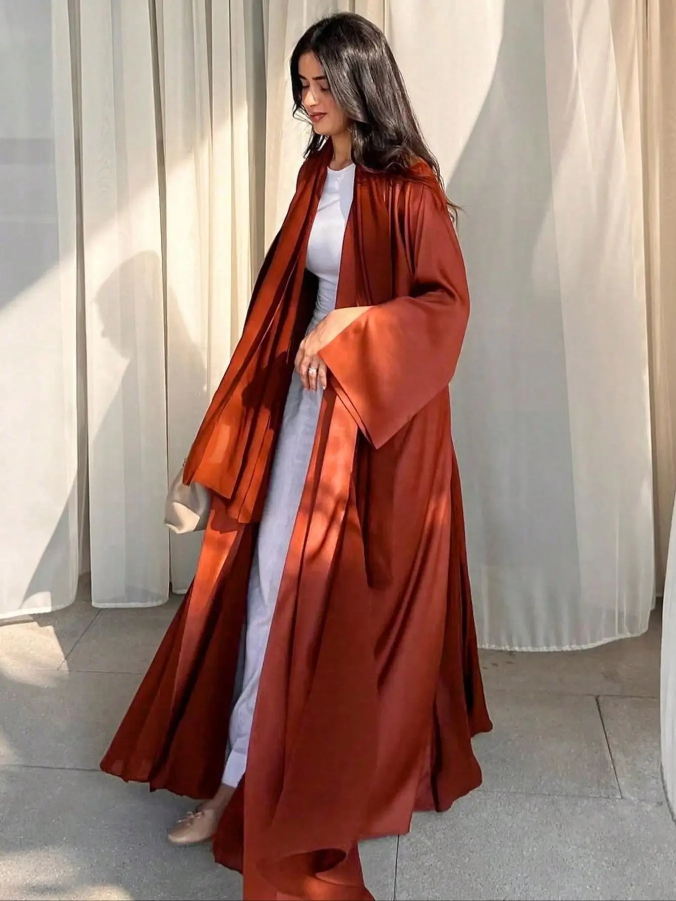 Women's Solid Color Tie Front Long Abaya, Elegant Modesty Casual Long Sleeve Outerwear for Daily Wear, Ladies Islamic Clothing for All Seasons, Abayas for Muslim