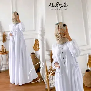 Gamis Cika Putih Bersih Model Simpel Elegan Bahan Crinkle Airflow Busui Kancing Tali Pinggang LD 110cm Syari Dress Remaja Kantong Rempel Lebaran Mewah Dewasa Muslim Wanita