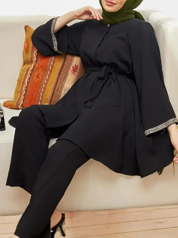 Women's Solid Color Long Sleeve Belted Blouse, Modesty Casual Round Neck Top for Daily Wear, Ladies Islamic Clothing for All Seasons 2