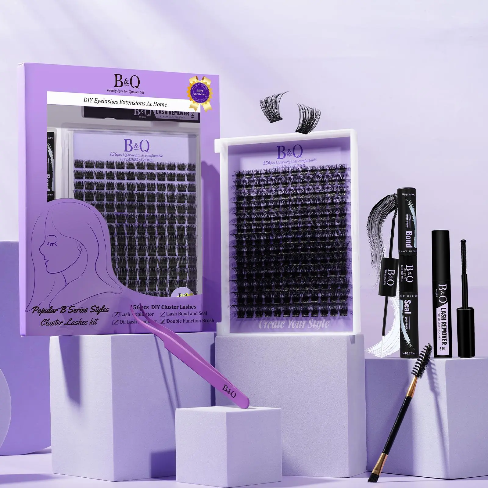 B&Q Lash Clusters Kit, B19 DIY Eyelash Extension Kit, 156pcs Waterproof Lash Clusters Extension with Bond and Seal, Remover, Applicator Tool At Home
