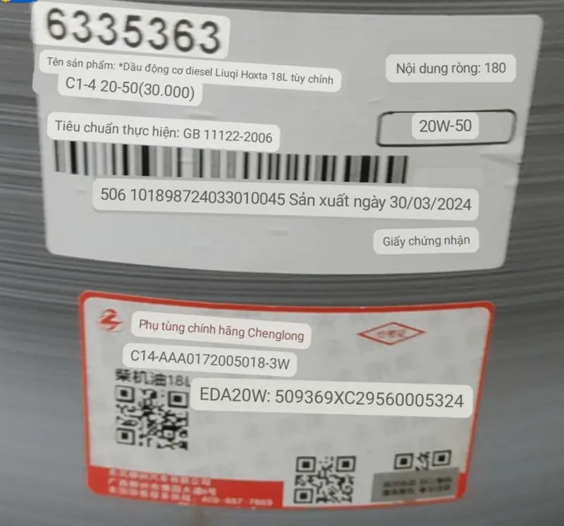 Dầu động cơ diesel cao cấp thương hiện Chenglong chính hãng 20W - 50 4