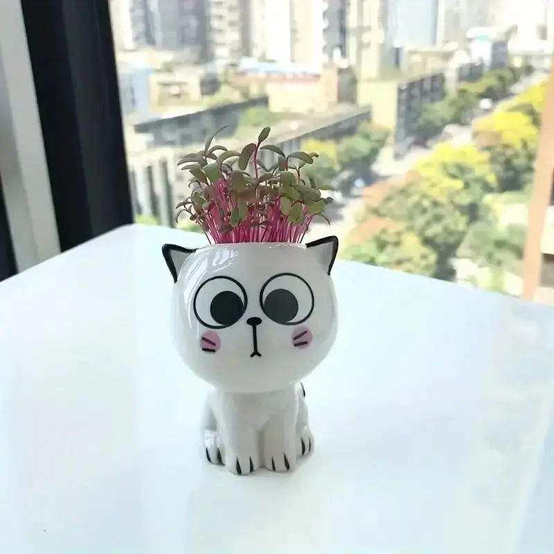 Cute Cat Design Ceramic Flower Pot, 4 Counts/set Mini Cartoon Cute Potted Plant, Desktop Potted Plant for Home Office School Decoration 5