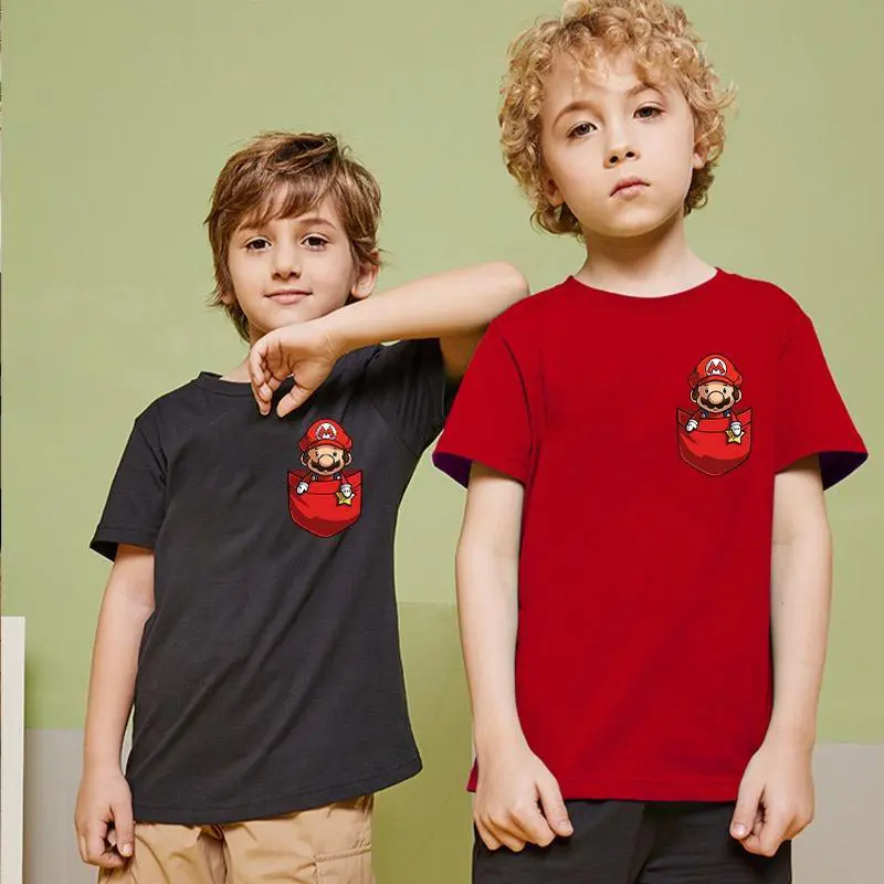 Pocket Super Mario Print Kids T-shirt Round Neck Short Sleeves Girls Tops T Shirt Summer Top Tee