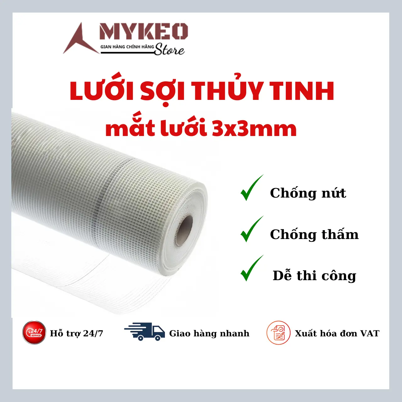 (Nguyên cuộn rộng 1m dài 50m) - Lưới thủy tinh mắt 3 x 3 mm chống thấm khổ 1m