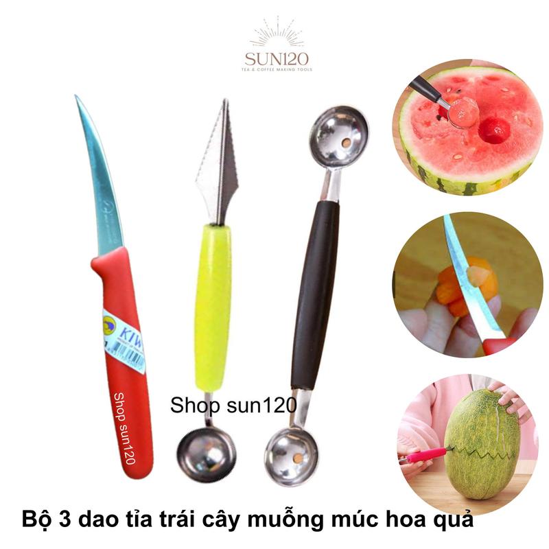 Bộ dao tỉa 3 món dao tỉa hoa quả dao hai đầu nhọn muỗng hai đầu tròn múc dưa hấu dao khắc trang trí trái cây
