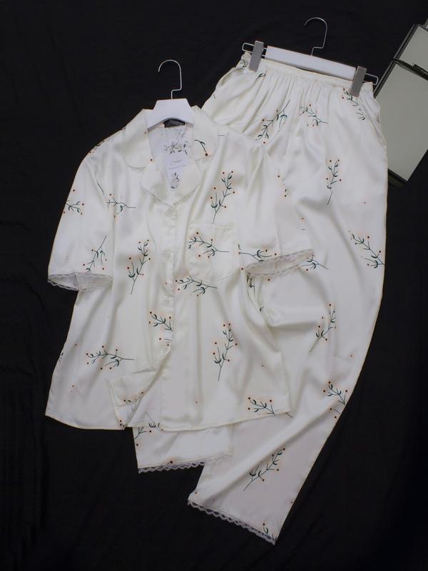 Bộ Pijama Họa Tiết quần dài cộc tay Lụa tơ tằm cao cấp viền ren