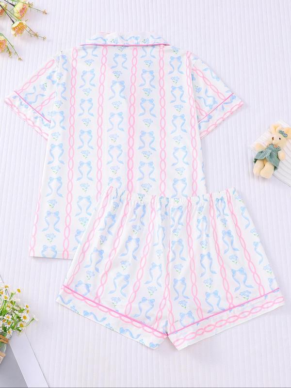 Women's Bowknot Print Lapel Neck Top & Elastic Waist Shorts Pyjama Two-piece Set, Casual Comfy Short Sleeve Top & Shorts Pj Set, Ladies Summer Sleepwear, Loungewear, Pajamas 1