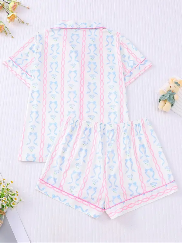 Women's Bowknot Print Lapel Neck Top & Elastic Waist Shorts Pyjama Two-piece Set, Casual Comfy Short Sleeve Top & Shorts Pj Set, Ladies Summer Sleepwear, Loungewear, Pajamas 1