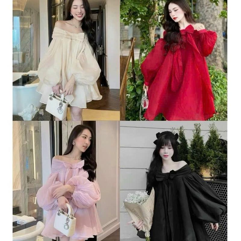  Đầm Babydoll Tơ Nến Thời Trang Nư Nhẹ Nhàng Áo Trễ Vai Dày Tay Đính Nơ Váy Ngắn Xòe Nhẹ Nhàng Dễ Thương đầm  bí set  áo đầm  babydoll sét  váy 