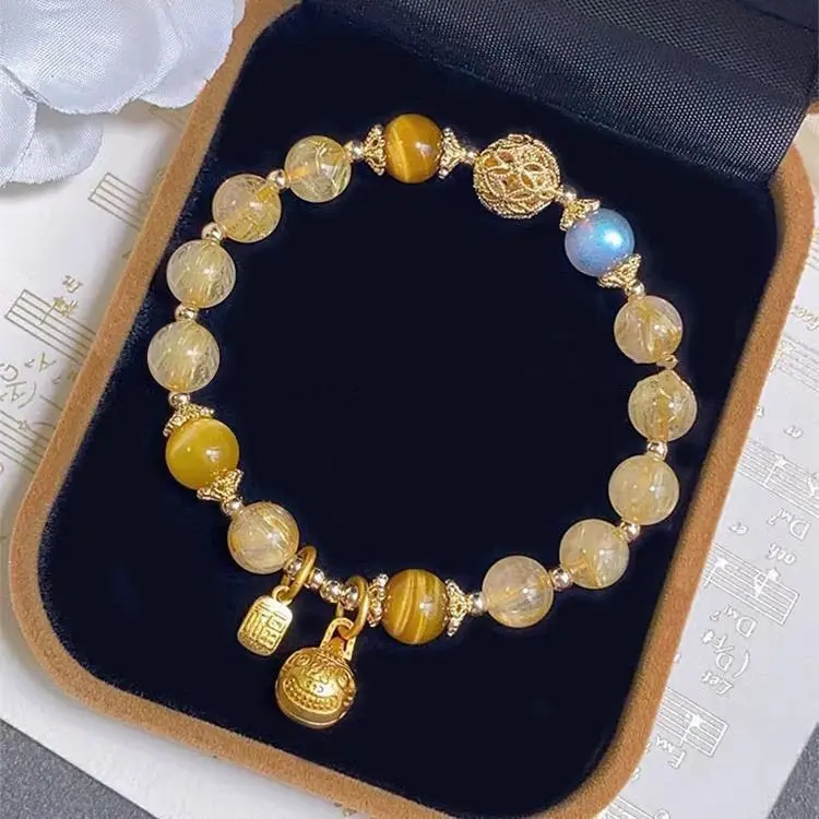 Yellow Cat's Eye Crystal Bracelet Ins Style Gold-Devouring Beast Yellow Rutile Quartz Bracelet Wealth Stone Gift for Girlfriend New Year Gift for Her