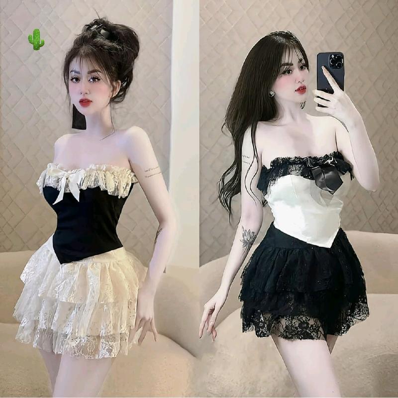 Set áo ống phối ren + chân váy ren tầng phong cách tiểu thư sang chảnh Women