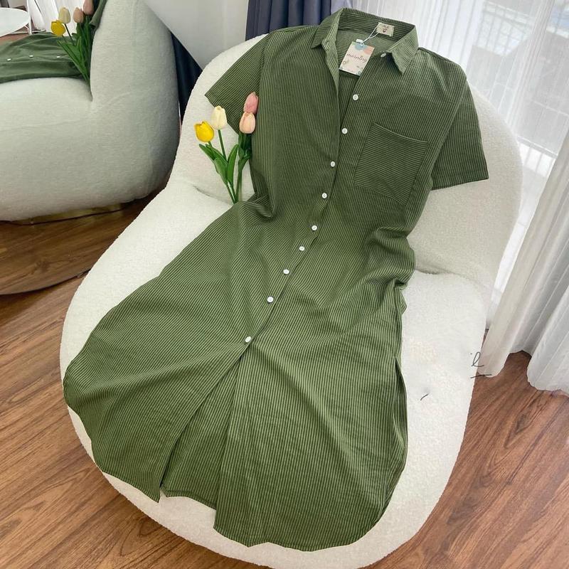 váy Sơ mi Thô Mềm Kẻ Tăm Chiết Eo Lưng Chun Dáng Xòe Đầm Sơ Mi Hàn Quốc Sơ Mi nữ Xanh Bơ Dáng Suông V866 đồ tingoan Women Sọc thắteo Sọc Kẻ Dress Sọc Kẻ Dress Cổ Tròn Dress áo sơmi váy liềnthân áo sơmi váyxô váysơmi dángdài  sang trọng Ong Kim Tuyến