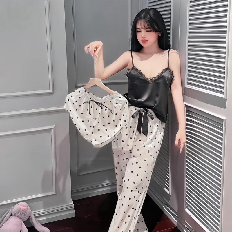 Sét bộ ngủ hai dây quần đùi và dài hoạ tiết chấm bi xinh xỉu chất lụa latin mềm mịn mát có tăng đơ kim loại Women Nữ Voi Sen