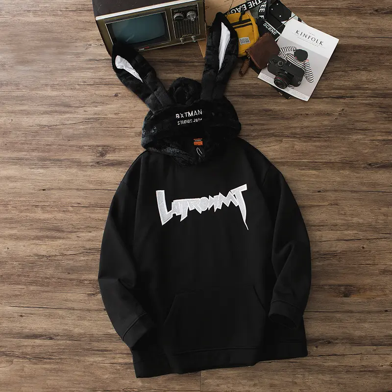 HD4 Áo hoodie nỉ bông tai thỏ dài siêu to khổng lồ chữ ngực thêu đáng yêu, mũ lông mềm unisex nam nữ 7