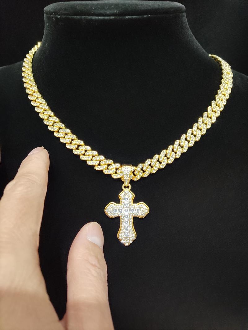 Product Introduction of 2024 Trendy Rhinestone Cross Pendant Necklace for Men & Women,  Punk Style Cuban Link Chain Jewelry Gift for Daily Decoration, Classic Fashion Accessories for Party, Club 7
