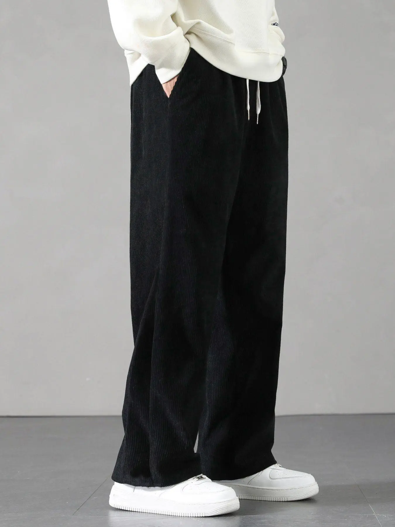 Men's Solid Drawstring Waist Corduroy Pants, Casual Comfy Regular Fit Straight Leg Trousers for Fall & Winter, Men's Bottoms for Daily Wear