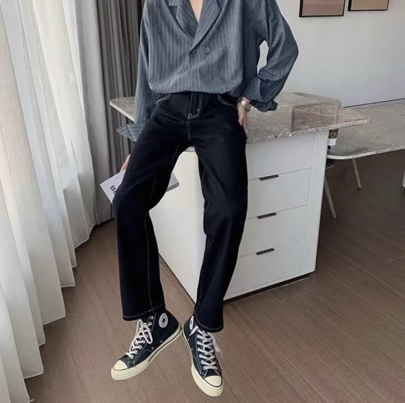 [ ver 2] Quần JEAN ống suông đen chỉ trắng SAYSTORE  chất liệu Denim mỏng nhẹ, thoáng mát, không phai màu, không co rút, mặc 4 mùa, from ống suông cạp cao, thời trang unisex nam nữ  Jean Ong Voi Pants quần  jeans Có Túi