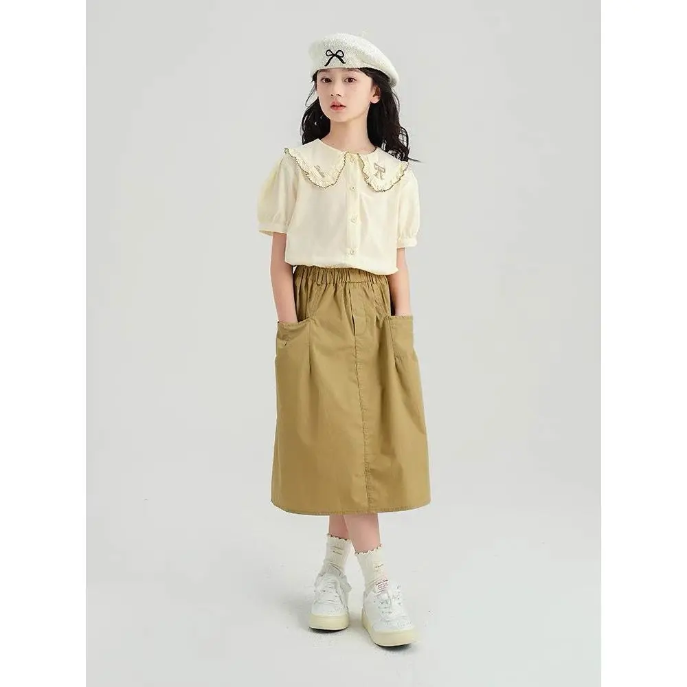 [zs1470] Size 6.7.8TH Setelan Rok Katun Kerah Pita Setelan Santai Anak Perempuan Junior