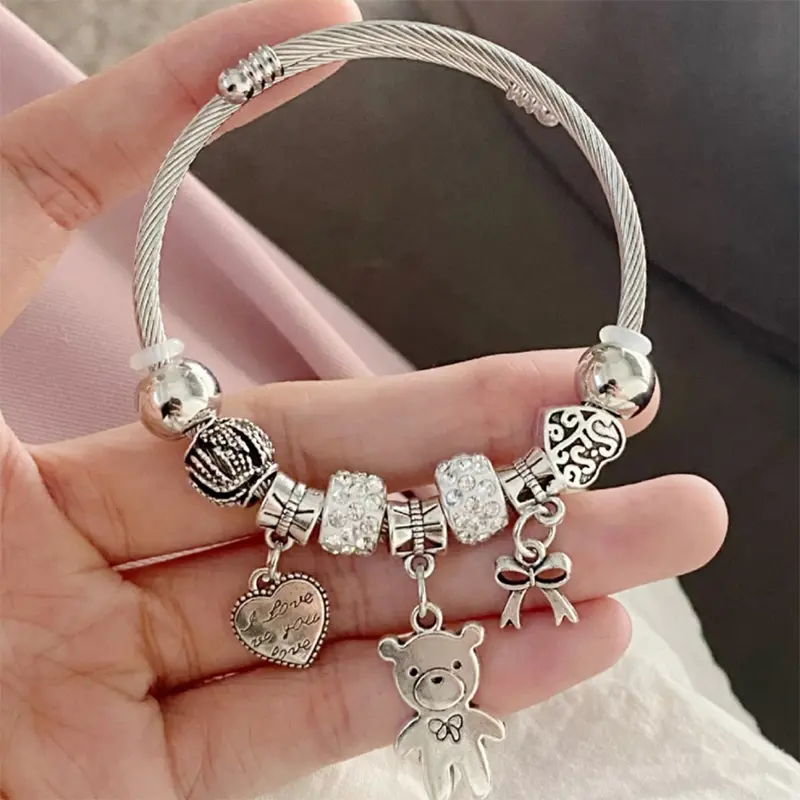 Vòng Tay Charm Đính Cườm, Phong Cách Cổ Xưa, Mặt Dây Chuyền Gấu, Trái Tim Và Tình Yêu, Có Thể Điều Chỉnh, Vòng Tay, Dành Cho Phụ Nữ, Quà Tặng Tự Làm
