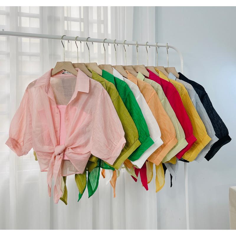 SET 2 Áo Croptop Cột Nơ Voan Tơ Mềm Mát Kèm Áo 2 Dây Thun Gân Co Giãn Phù Hợp Đi Chơi Đi Biển, Sơ Mi Croptop Nữ