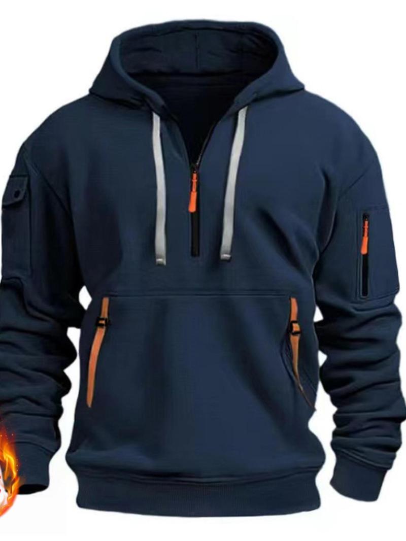 Product Introduction of Men's Colorblock Half Zipper Hoodie Top, Casual Regular Fit Long Sleeve Drawstring Pocket Hooded Top for Spring & Fall, Fashion Men's Clothes for Daily Wear 1