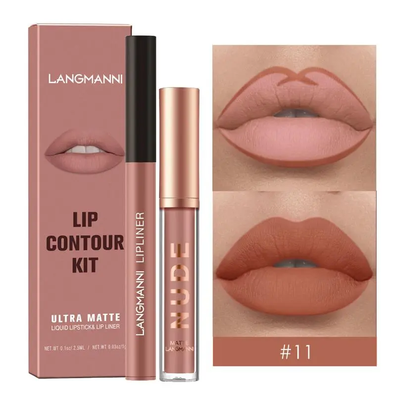 Non-stick Cup Matte Lip Gloss & Lip Liner Makeup Set, 2pcs/set Matte Long Lasting Lipstick, Easy Coloring Lip Liner, Moisturizing Lip Kit, Lip Makeup Kit
