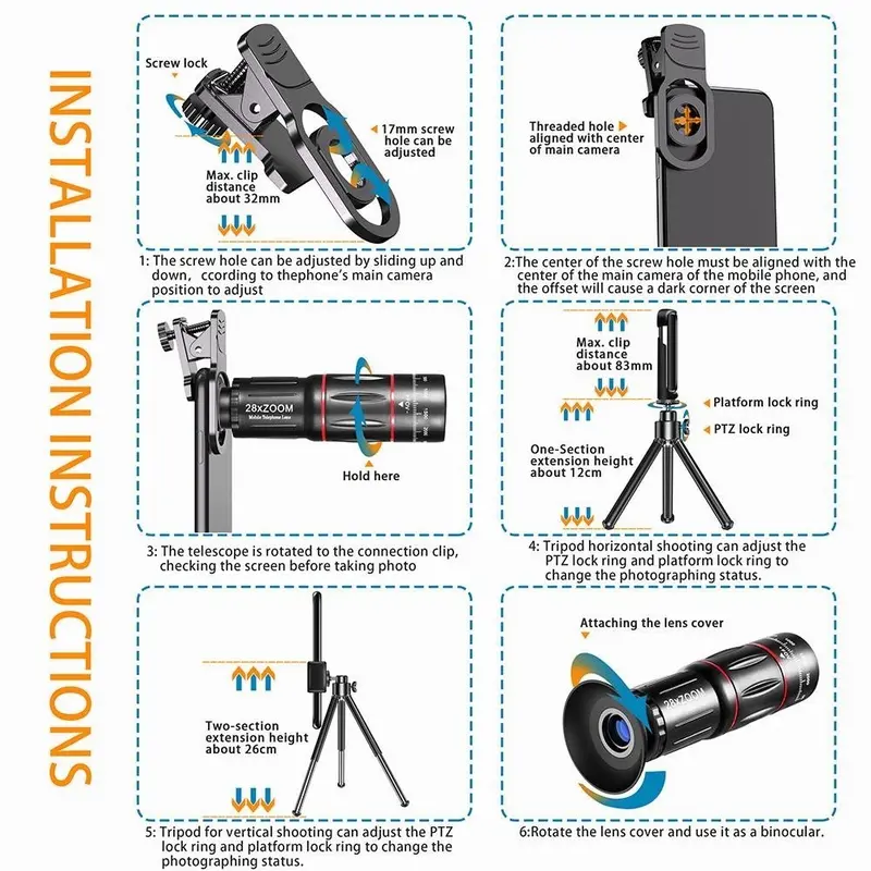 Bộ ống kính máy ảnh điện thoại, HD, ống kính điện thoại 25X zoom tele, ống kính macro và mắt cá điện thoại góc rộng, thích hợp cho điện thoại thông minh, [Thanh Toán Khi Nhận Hàng] 4