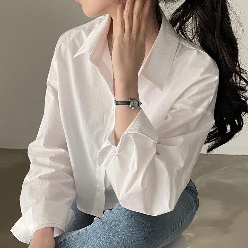 Product Introduction of Fashion Short Shirts Women Korean Chic Loose Solid Color Long Sleeve Crop Tops Female Casual Elegant Button Split Turn Down Collar Blouse 21