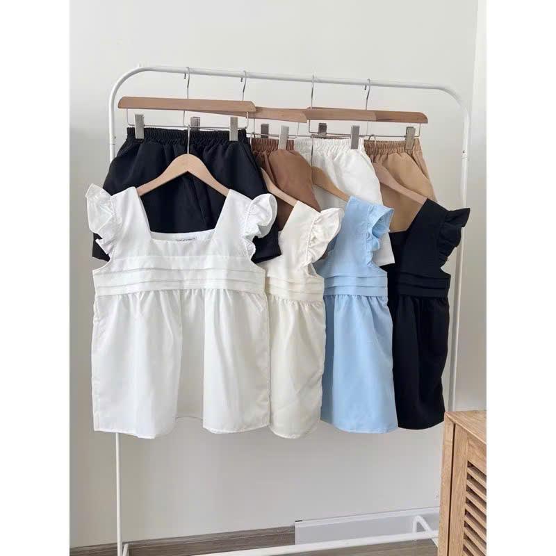 Set áo cánh tiên xếp li form babydoll kèm quần phồng