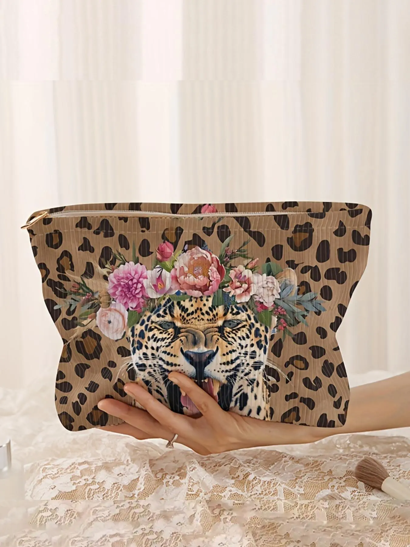 Fashion Leopard & Flower Pattern Makeup Bag, Elegant Clutch, Casual Versatile Storage Bag, Travel Makeup Bag, Suitable for Women & All Kinds Of Occasions