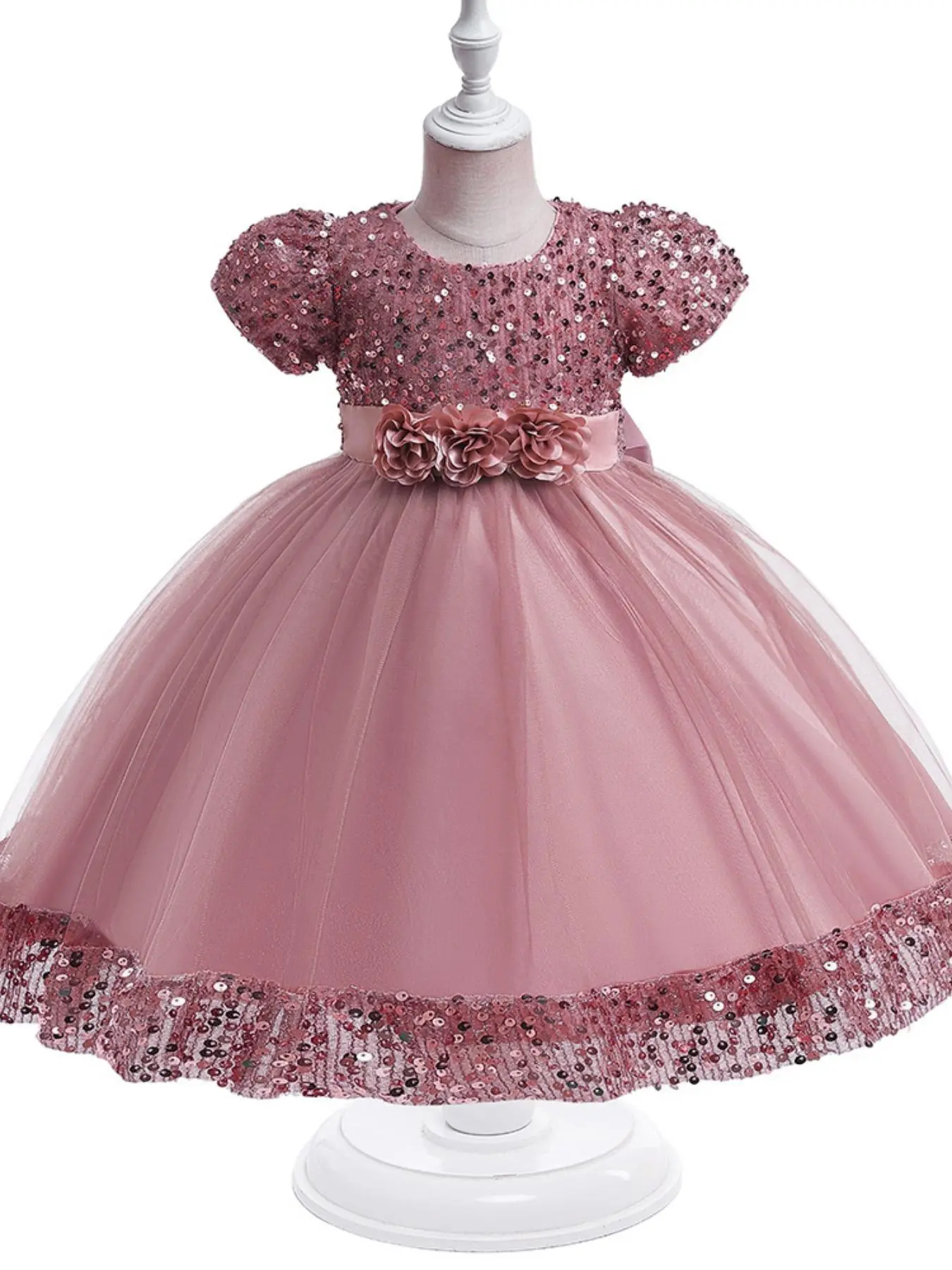 Girl's Glitter Contrast Sequins Formal Dress, Elegant Puff Sleeve Round Neck Tulle Dress for Party, Kids Clothes for All Seasons