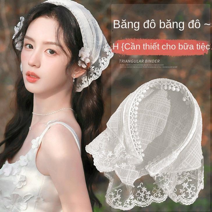 Khăn Trùm Đầu Ren Màu Trắng Phong Cách Đồng Quê Kẹp Tóc Nữ Nhấn Dây Buộc Tóc Mùa Hè Mới 2024 Khăn Quàng Lụa Khăn Quàng Vuông Kiểu Pháp Kín Ngón Chân